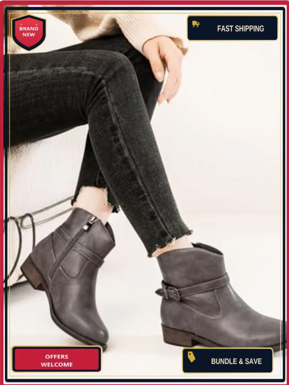 Women's Western Ankle Boots Low Chunky Heel Faux Leather Zipper Side